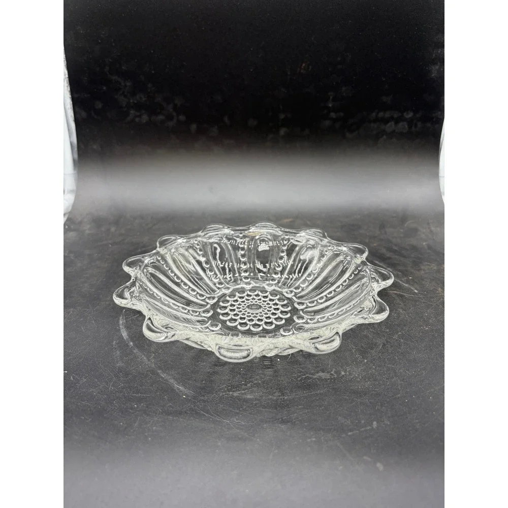 Vintage Clear Pressed Glass Hobnail Ribbed Scalloped Ruffle Rim Candy‎ Dish Bowl